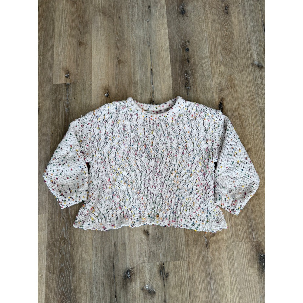 Mod Ref Boho Confetti Knit Sweater Women Medium Cream Multi Pom Pom Chunky